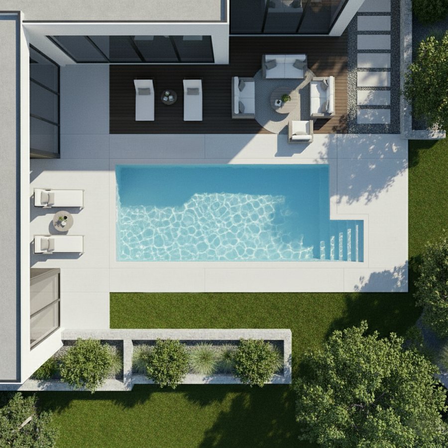 TAU fiberglass pool model installed in a modern backyard