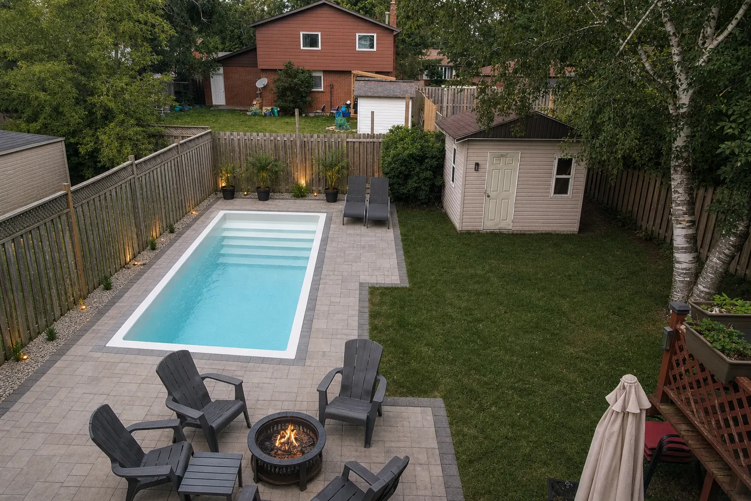 Fiberglass pool inside a fully fenced Toronto backyard enclosure